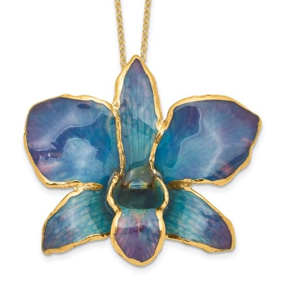 24k Gold Trim lacquer Dipped Real Dendrobium Orchid 20 inch Gold-tone Necklace - Picture 1 of 13